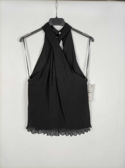 ZARA.Top negro plisado halter T.M