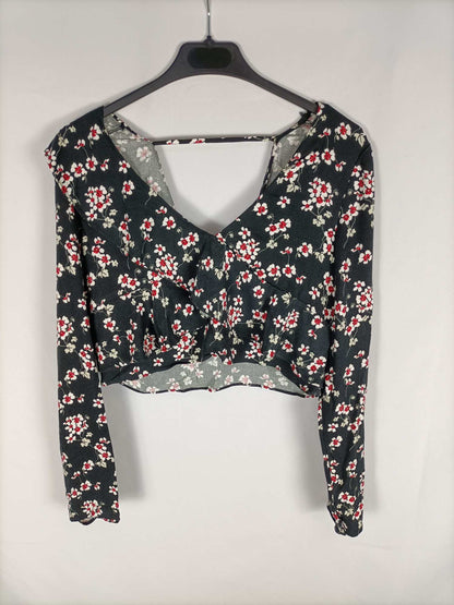ZARA.Top negro flores T.s