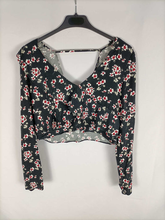 ZARA.Top negro flores T.s
