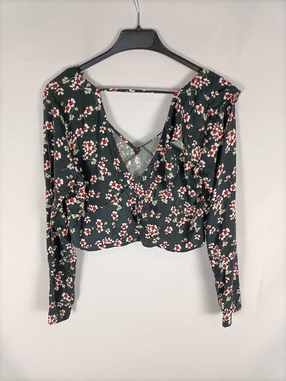 ZARA.Top negro flores T.s