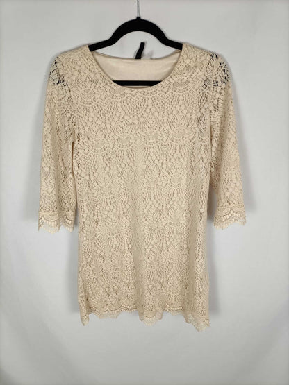 H&M.Vestido corto beige encaje T.38