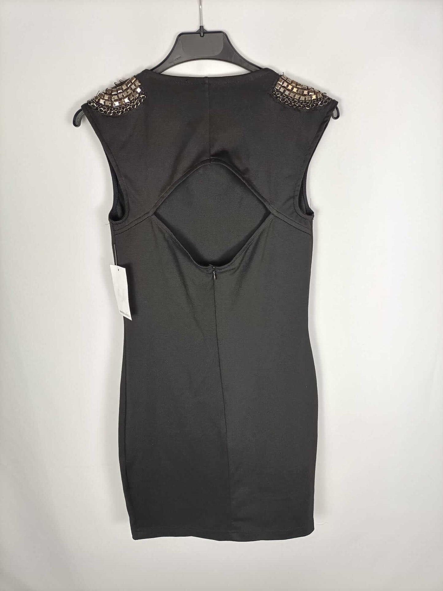 WHITE. Black fitted dress with shoulder pads Tm