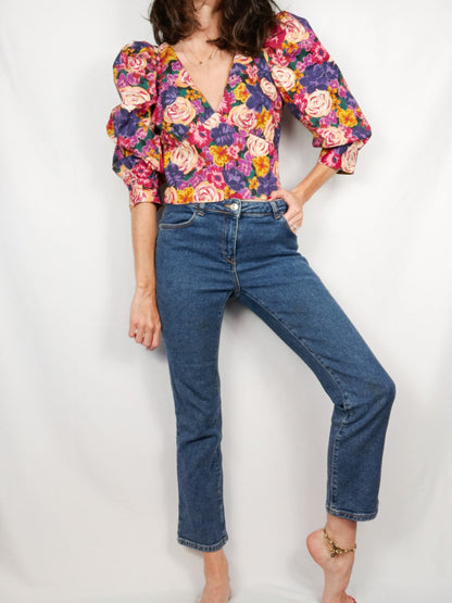 ZARA.Floral top with puffed sleeves Tm