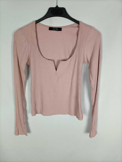 BERSHKA.Top rosa palo canalé T.s