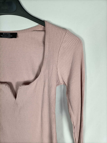 BERSHKA.Top rosa palo canalé T.s