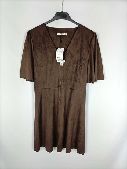 MANGO. Vestido marrón antelina T.m
