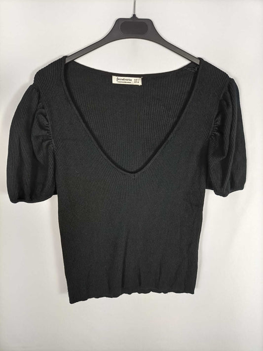 STRADIVARIUS. Top negro canalé mangas T.l