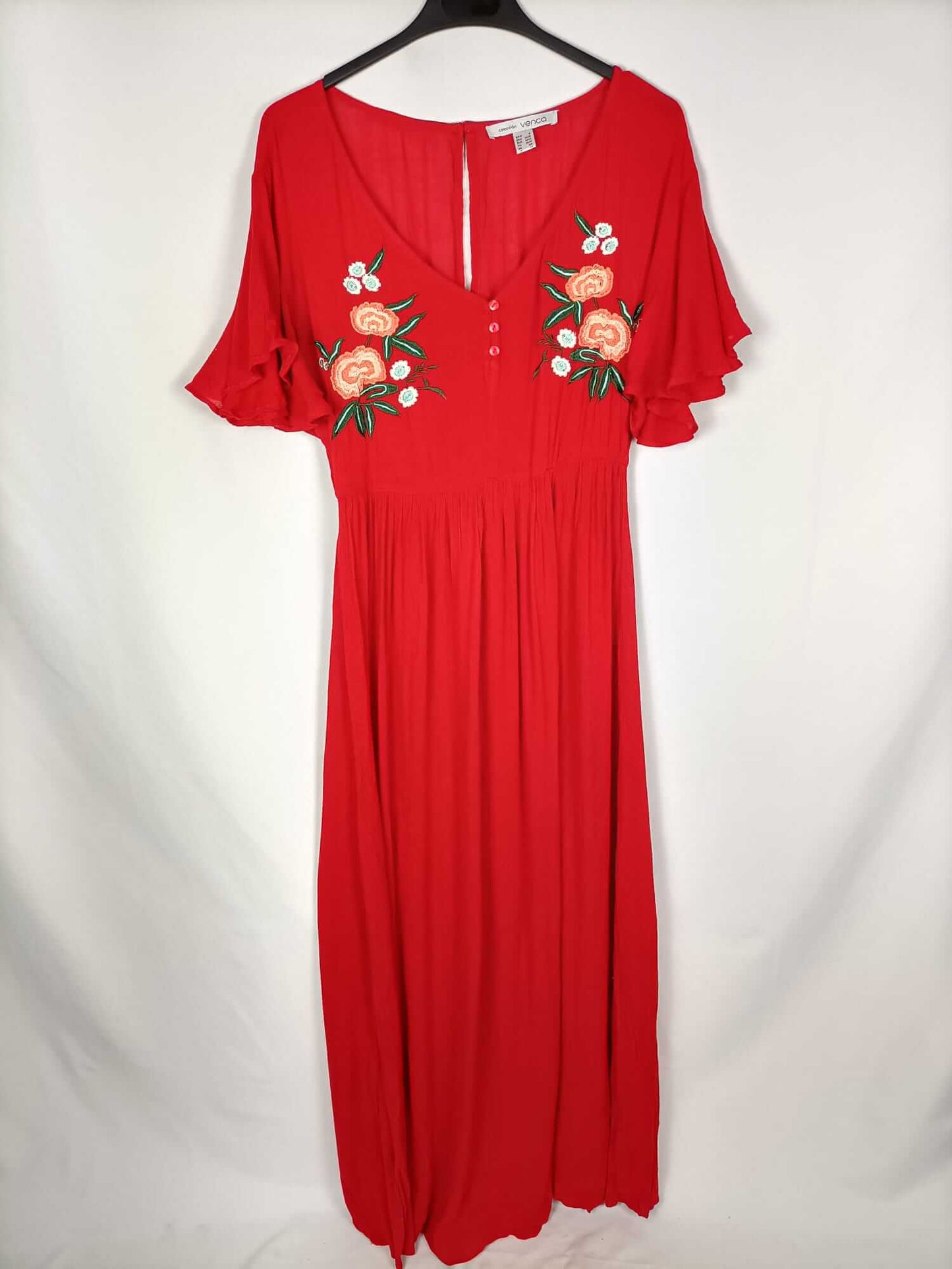 VENCA.Vestido largo rojo bordado T.s