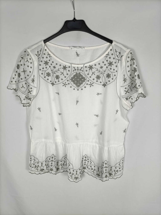 MANGO. Blusa blanca bordada T.m