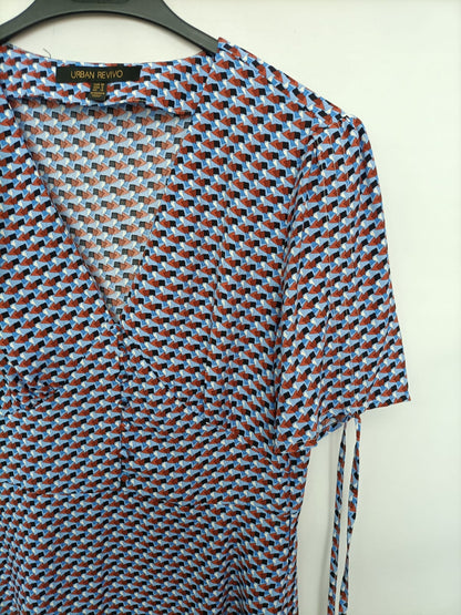 URBAN REVIVO.Vestido midi azul y burdeos T.38