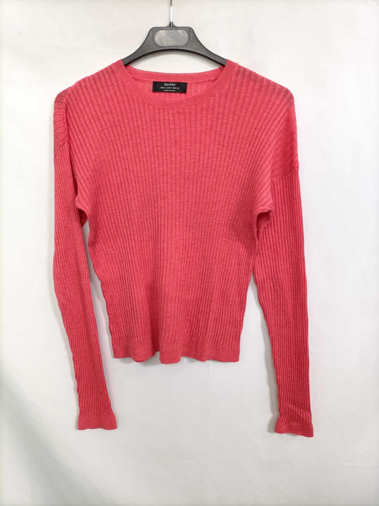 BERSHKA. Coral Pink Ribbed Ts Top