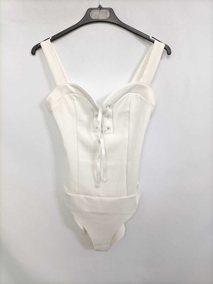 BERSHKA. Body blanco canalé T.s