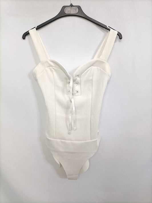 BERSHKA. Body blanco canalé T.s