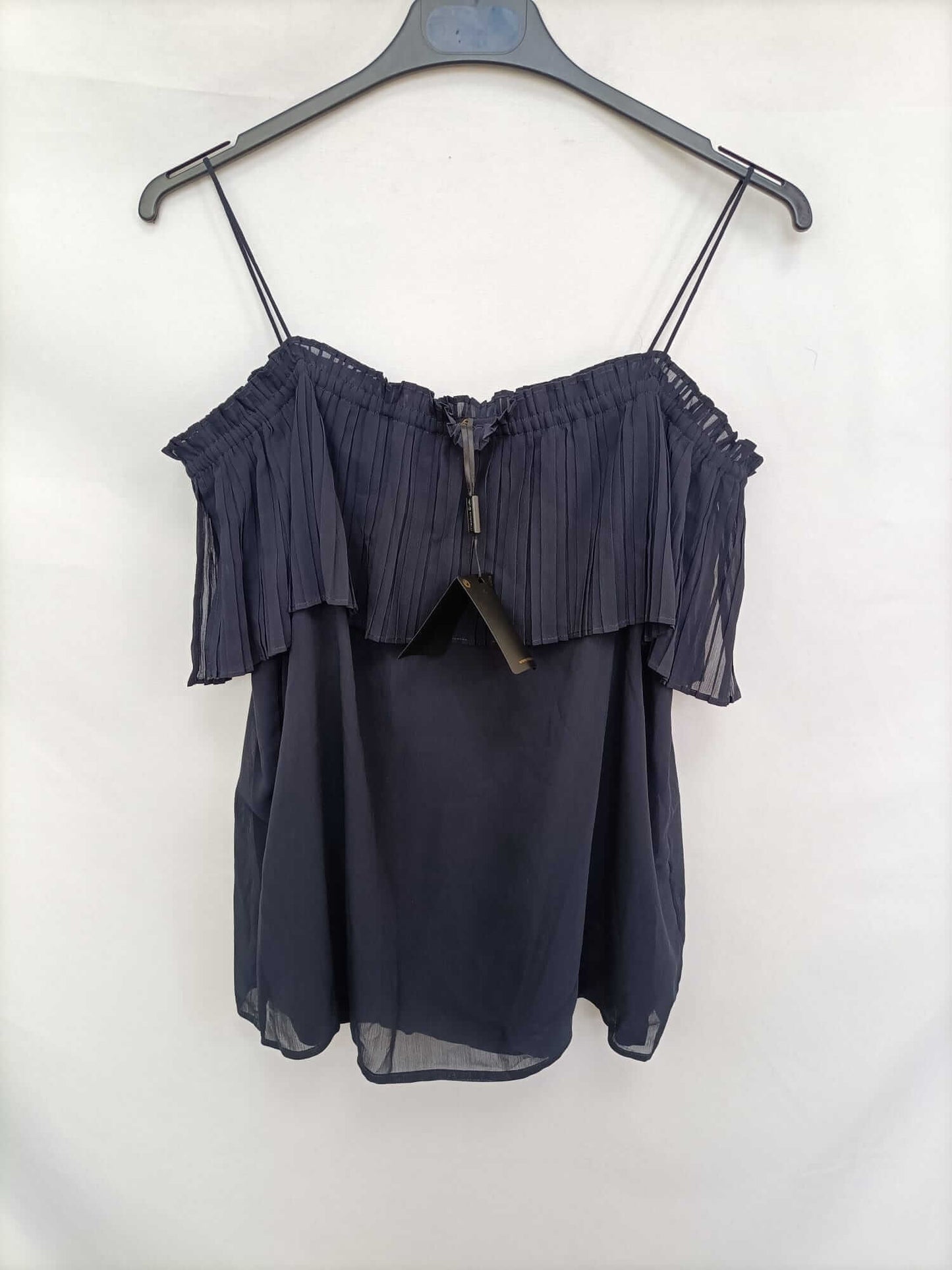 MASSIMO DUTTI. Top azul escote plisado T.xs