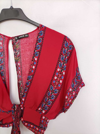 SHEIN. Burgundy Striped and Floral Ts Top
