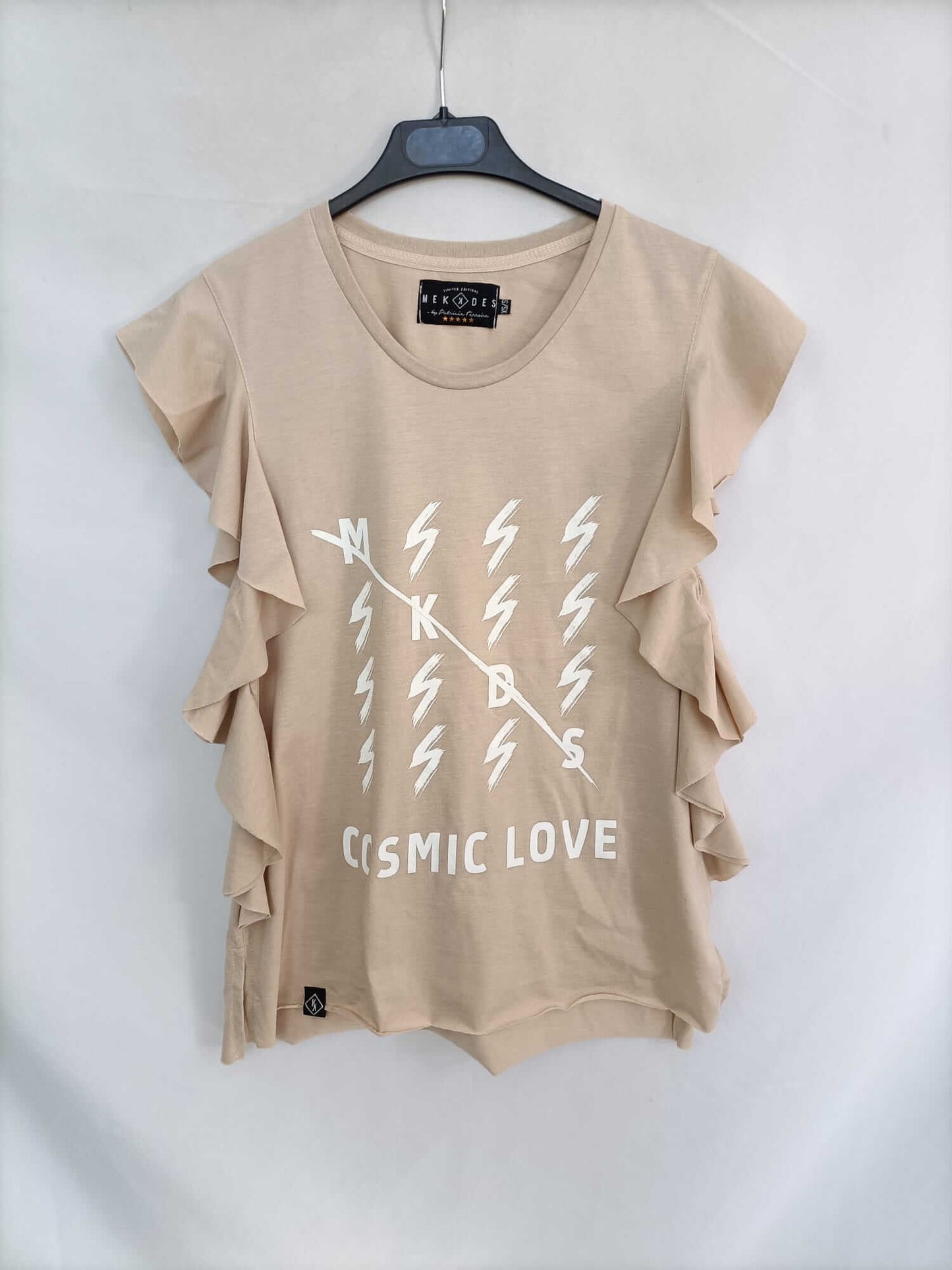 MEKKEDES. Camiseta beige volantes T.xs/s