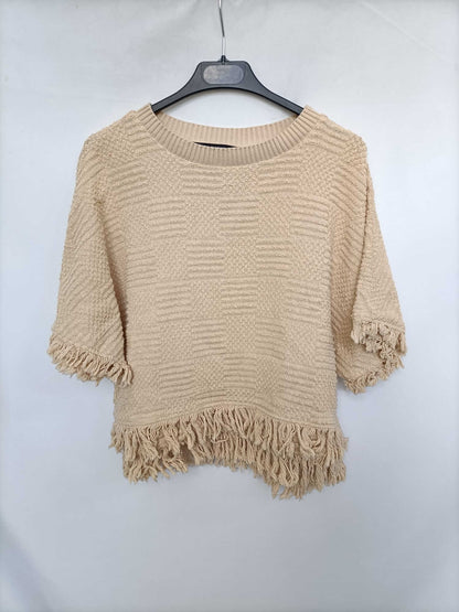 ZARA. Beige knit top with fringes Tm
