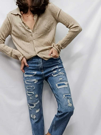 ZARA. Top beige canalé T.m