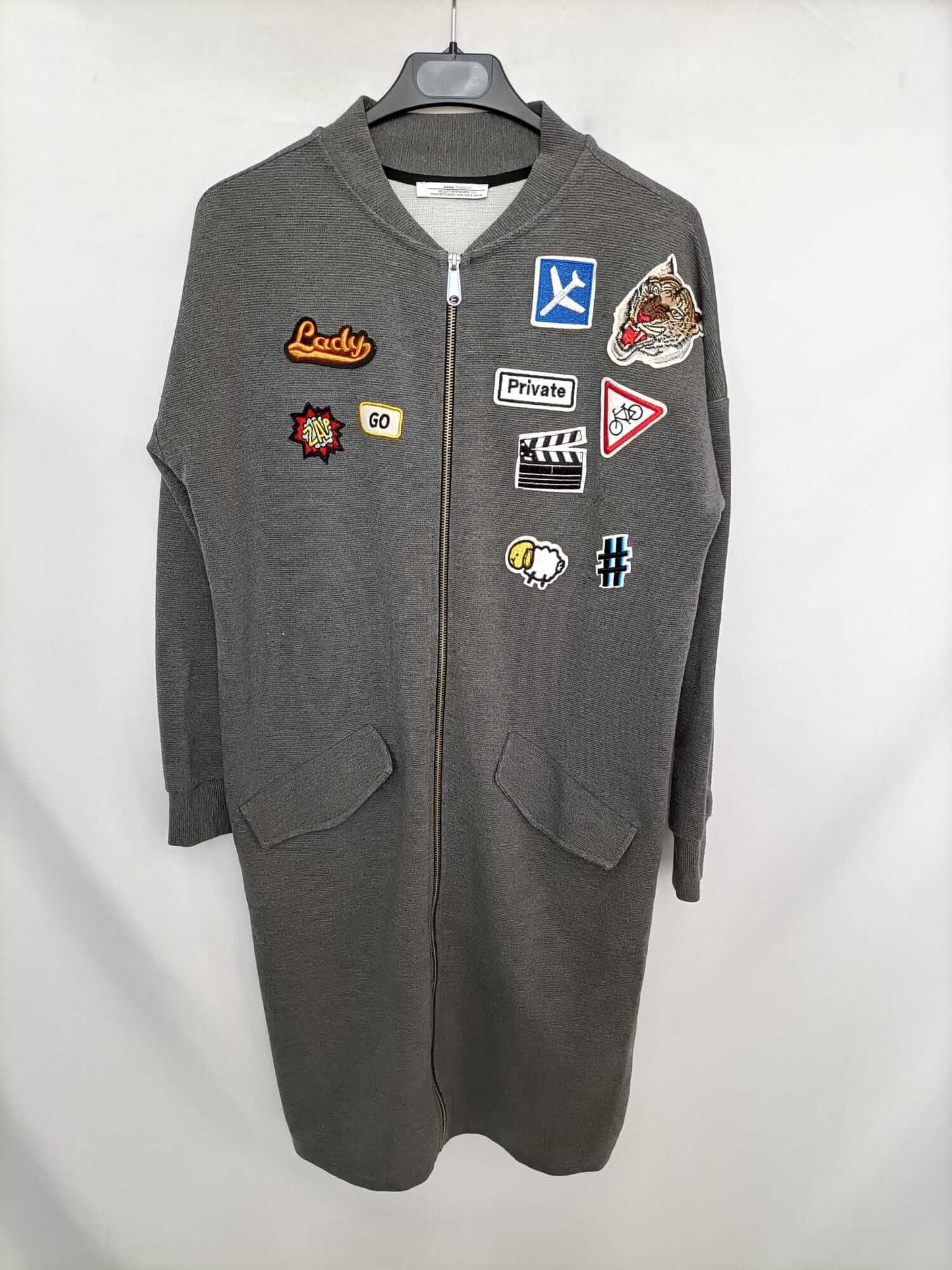 ZARA. Grey bomber jacket with Ts patches