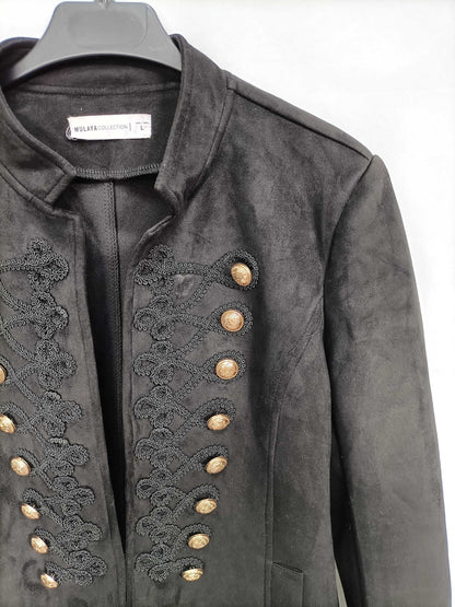 MULAYA. Black suede coat with buttons.