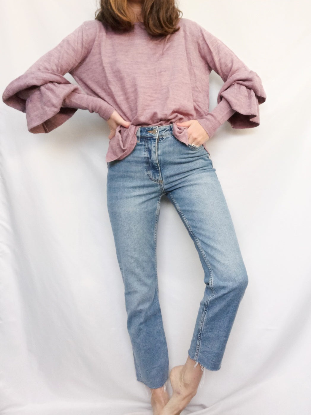 CORTEFIEL. Purple mottled sweater with ruffle detail.