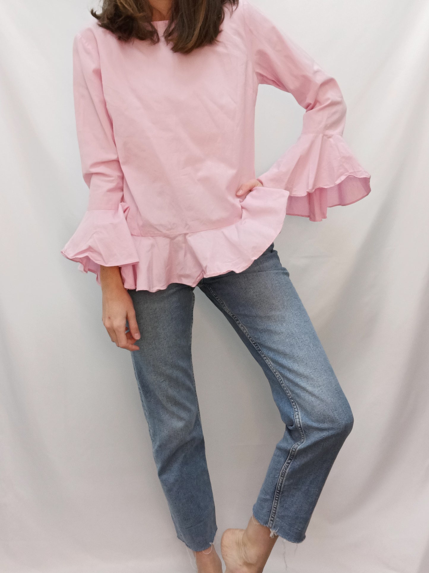 PRIMARK. Pink ruffled blouse, size 36