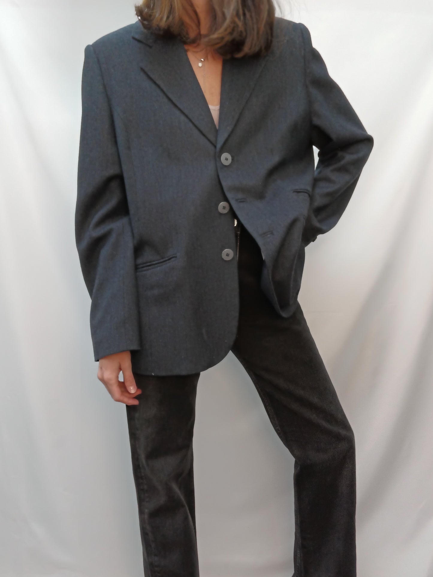 ALICIA MOYA. Vintage blue herringbone blazer, size 48