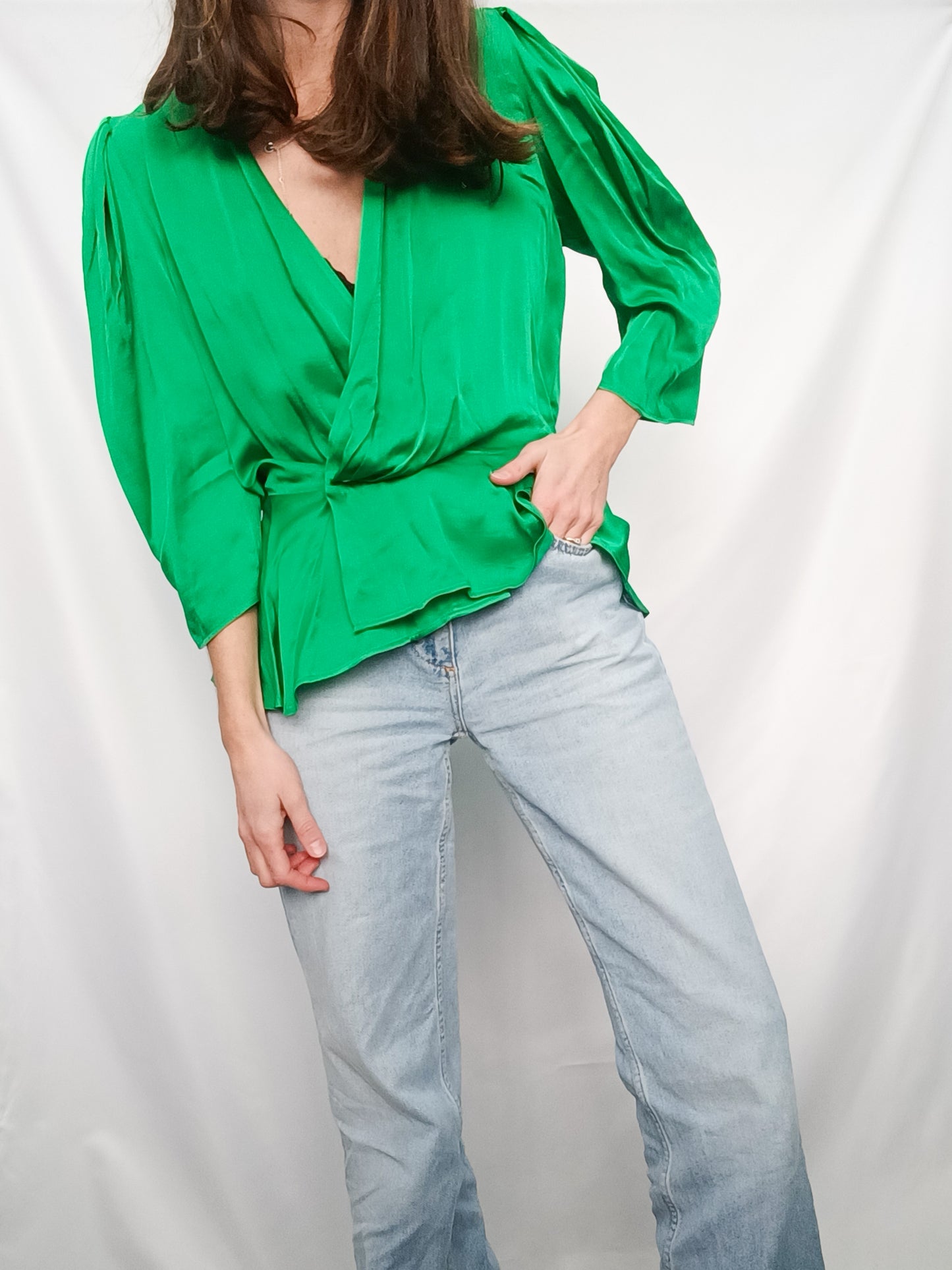 ZARA. Blusa verde cruzada T. s