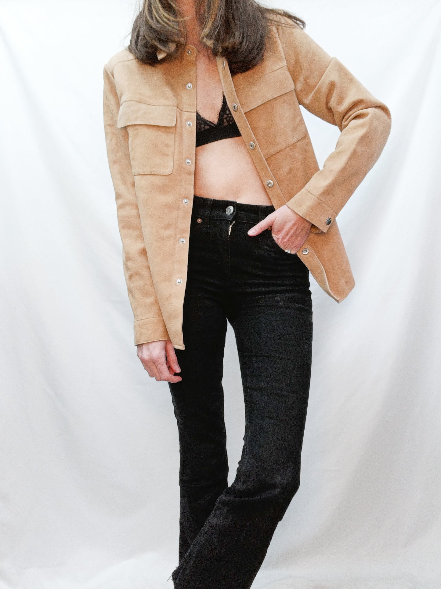 MANGO. Beige suede TS overshirt