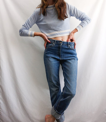 OTRAS. Top canalé azul y blancos T.u(s)