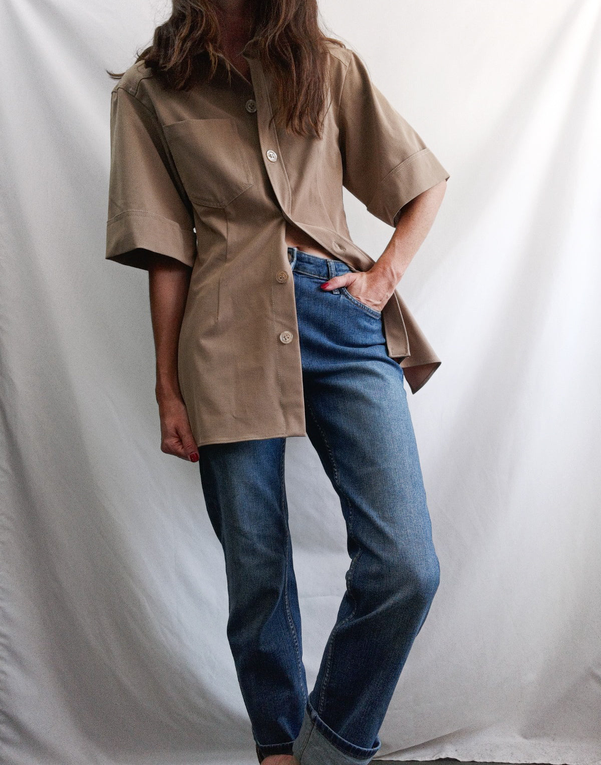 ZARA. Camisa camel Entallada T.xs