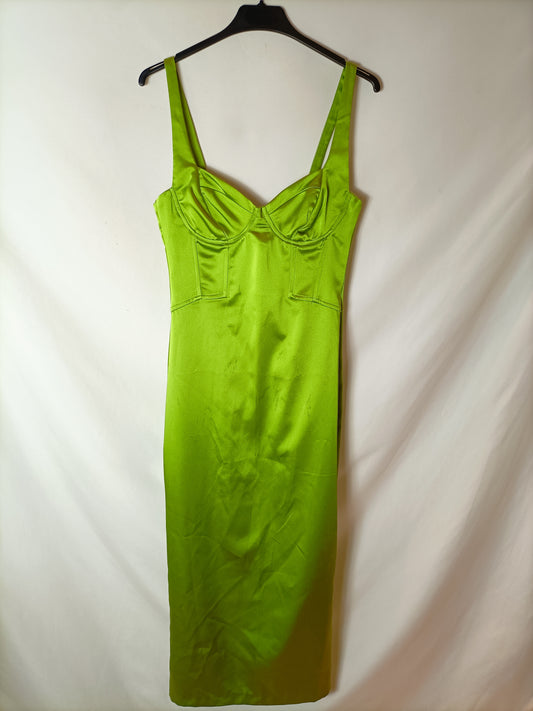 ZARA. Vestido midi verde satinado T.s