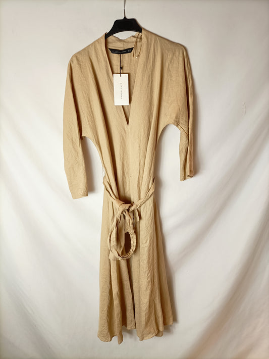 ZARA. Vestido beige lino T.xs