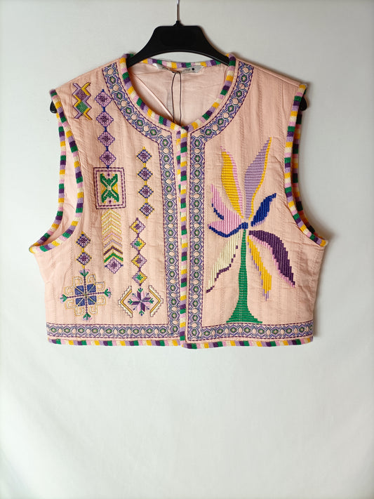 ZARA. Chaleco rosa bordados. T M