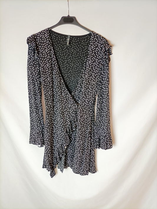 ZARA. Vestido negro lunares cruzado. T S