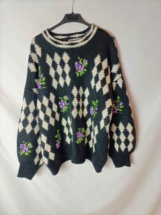 ZARA. Jersey negro flores T.s