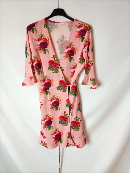 KLING. Vestido rosa flores cruzado. T 2 ( S/M)