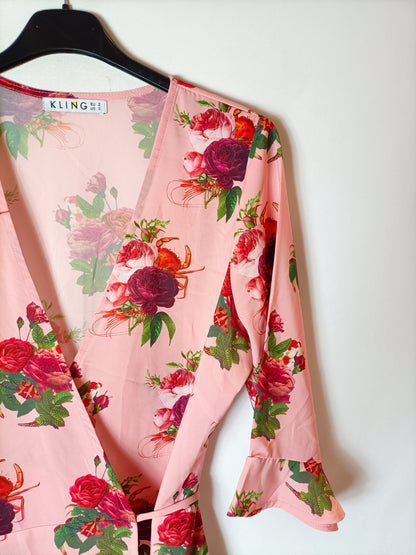 KLING. Vestido rosa flores cruzado. T 2 ( S/M)