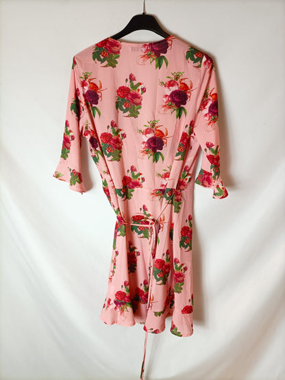 KLING. Vestido rosa flores cruzado. T 2 ( S/M)