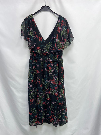 MANGO. Vestido midi negro flores T.m