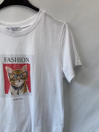 VALENTINA.Camiseta blanca gato T.L(M)