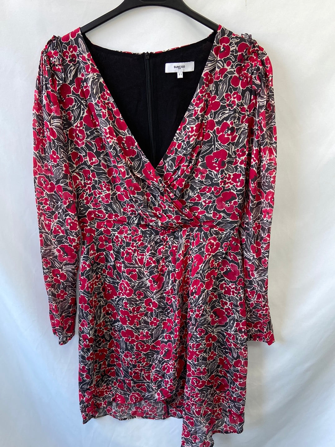 SUNCOO.Vestido gris flores cruzado T.S