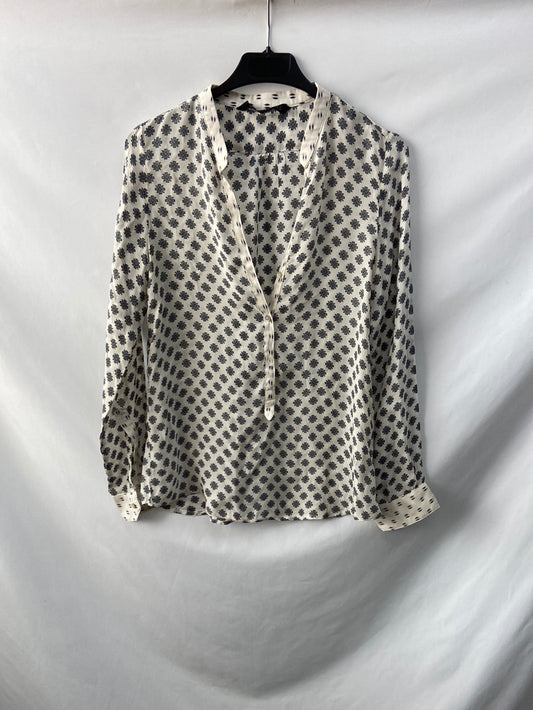 ZARA. Beige blouse with grey print, size XS