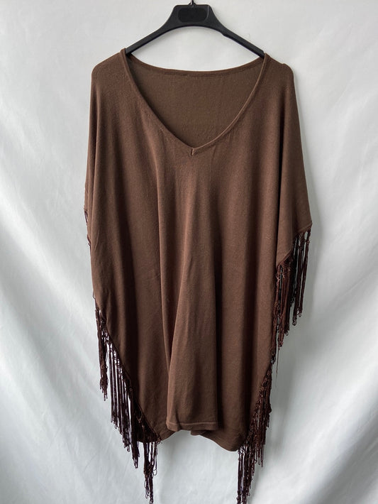 OTRAS.Jersey/vestido oversized marrón flecos TU(m/l)