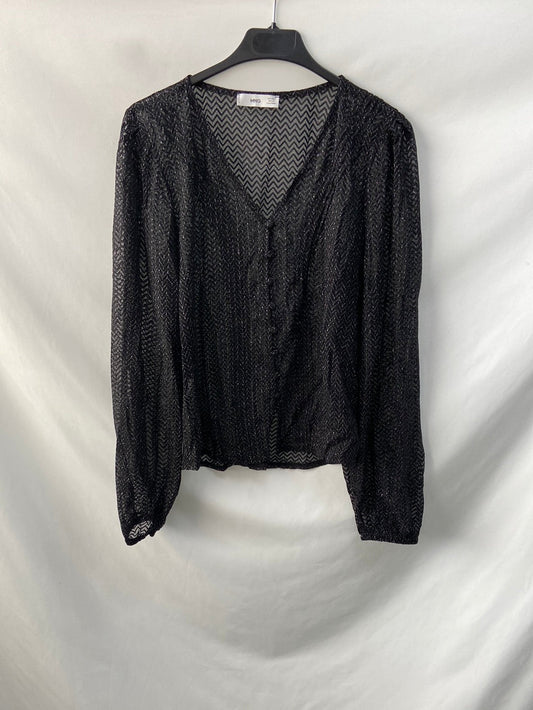 MANGO. Blusa negra semitrasparente con hilos plateados T.s