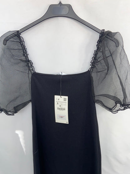 ZARA.Vestido punto mangas gasa T.S