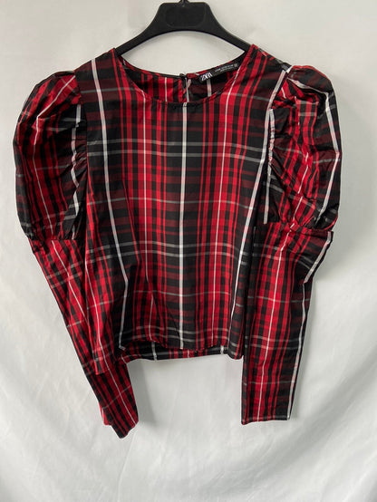 ZARA.Top/blusa cuadros mangas abullonadas T.xs