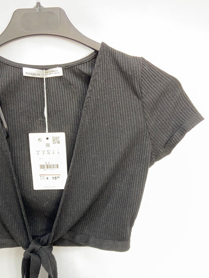 PULL&BEAR.Croptop negro canalé T.s