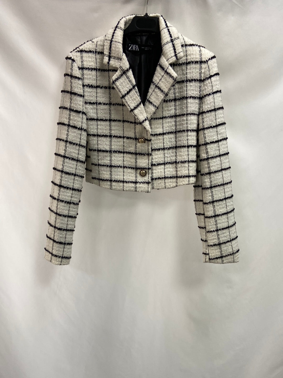 marketZARA.Cropped tweed blazer with checkered Ts