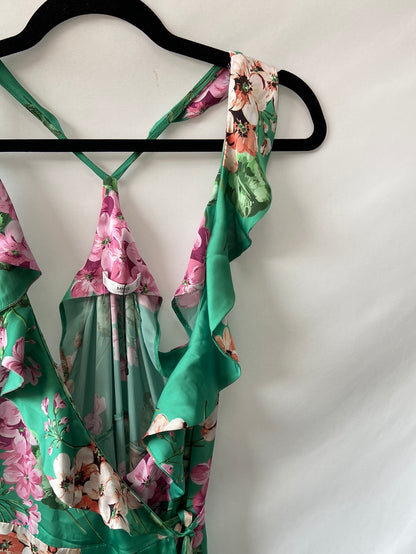 MANGO.Vestido largo verde flores cruzado T.S